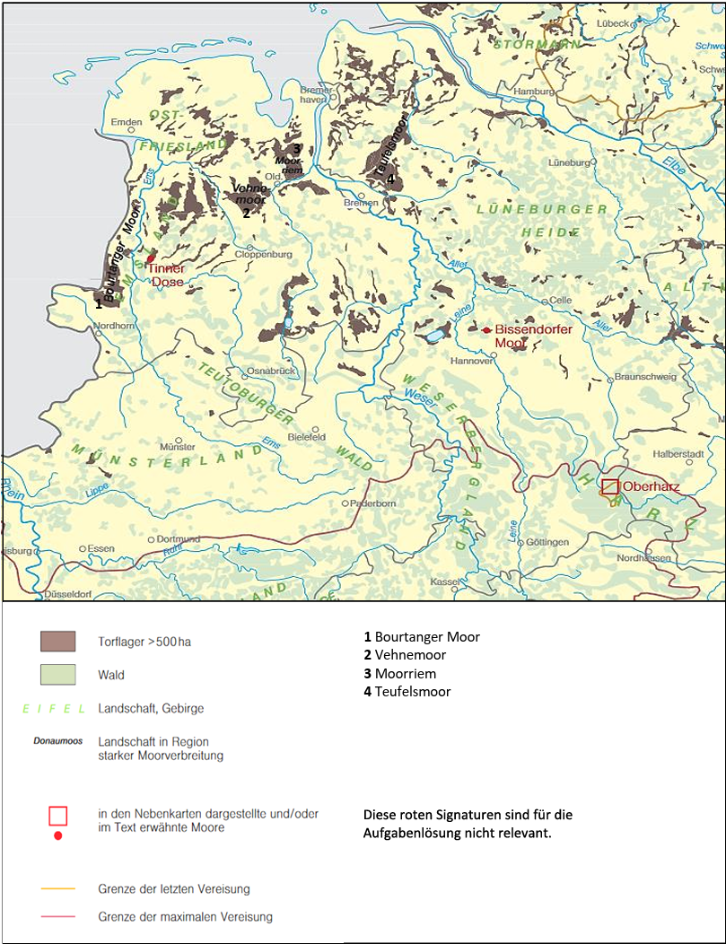 Karte Nordwestdeutschlands mit markierten Moorgebieten, Flüssen, Städten und Legende